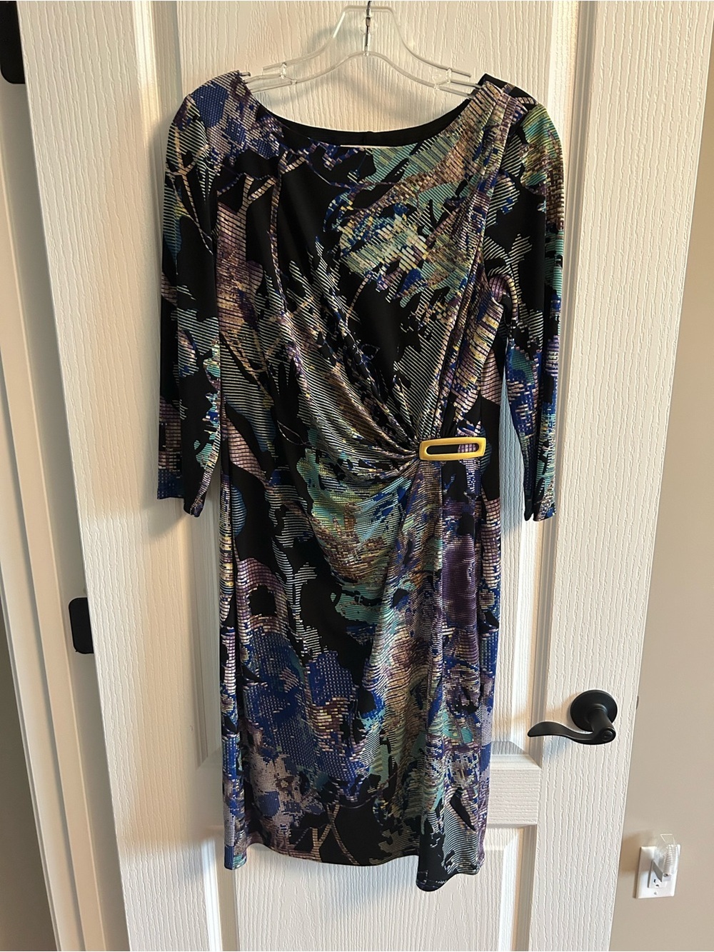 Kasper Black Multi-Blue Green Purple Twist-Front Long Sleeve Dress